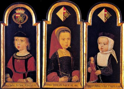 Archduke Charles, Later Holy Roman Emperor Charles V, with His Sisters Eleonore and Isabella at Age 2 by Meister der St. Georgsgilde der St. Georgsgilde